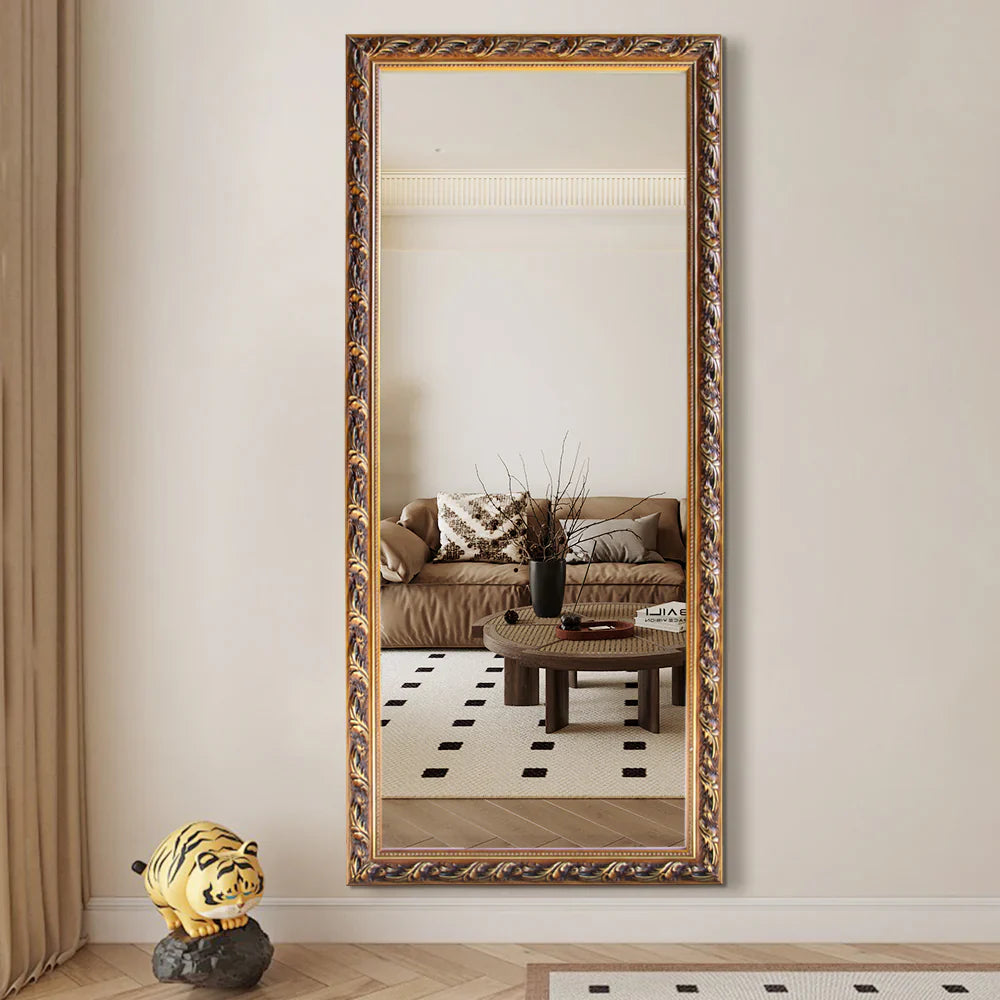 Livara Ornate Gold Solid Wood Full-Length Mirror - Bedroom & Hallway, Freestanding Design