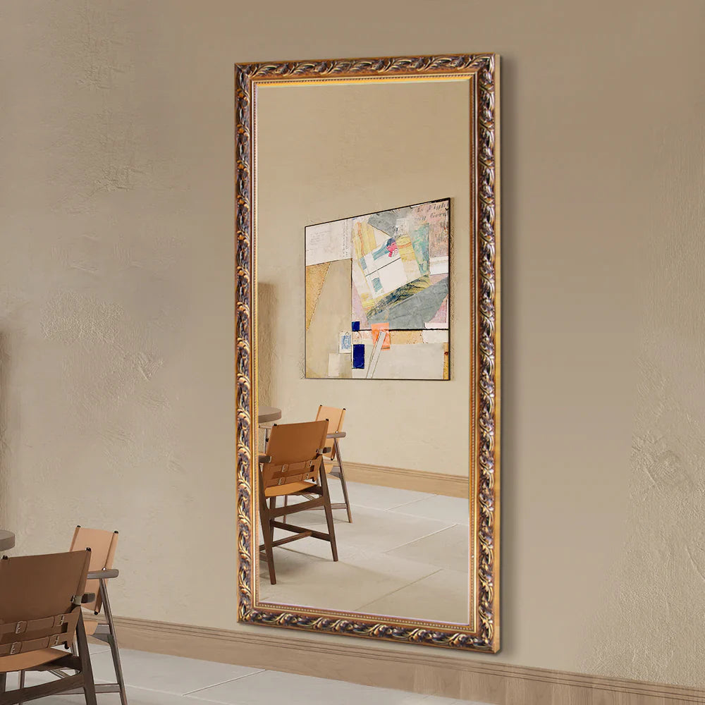 Livara Ornate Gold Solid Wood Full-Length Mirror - Bedroom & Hallway, Freestanding Design