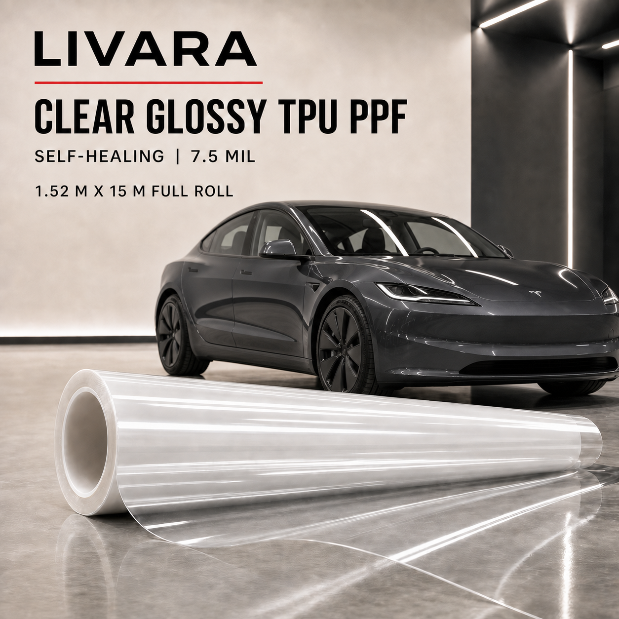 Clear Glossy TPU PPF Car Paint Protection Film – Self-Healing, 7.5mil, 1.52m x 15m Full Roll