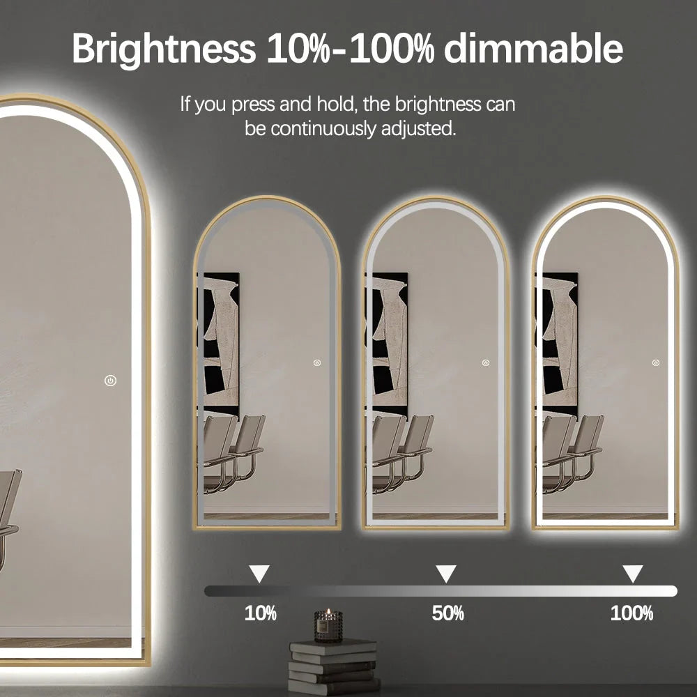 Livara Arched LED Aluminium Full-Length Mirror - Bedroom & Hallway, Gold Frame, Dimmable Lighting