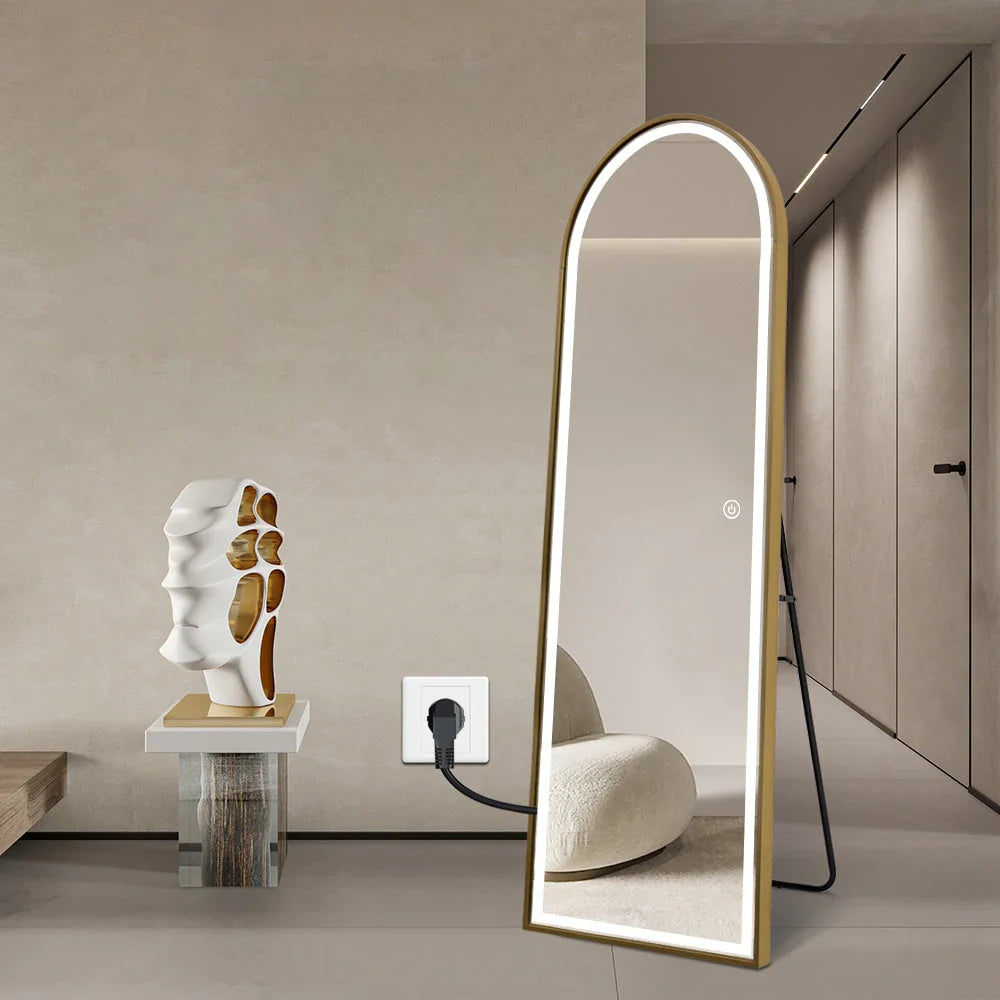 Livara Arched LED Aluminium Full-Length Mirror - Bedroom & Hallway, Gold Frame, Dimmable Lighting
