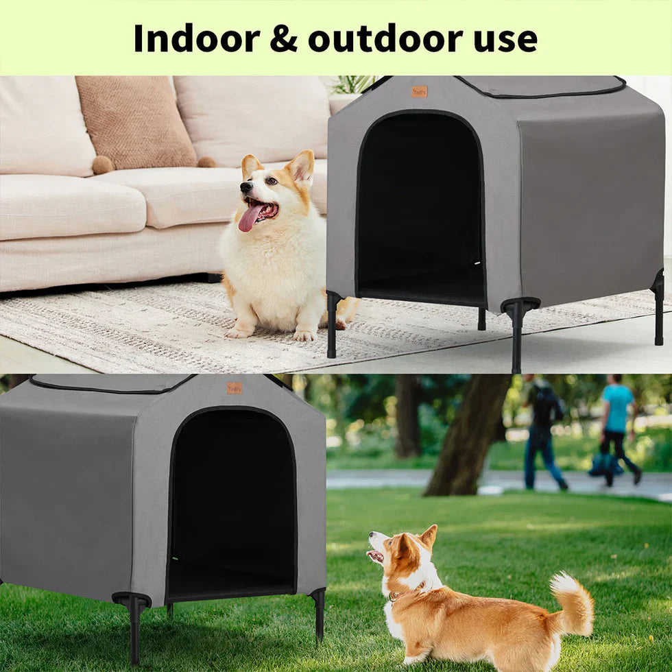 Livara Foldable Steel-Frame Elevated Dog House - Indoor & Outdoor, Waterproof Canopy