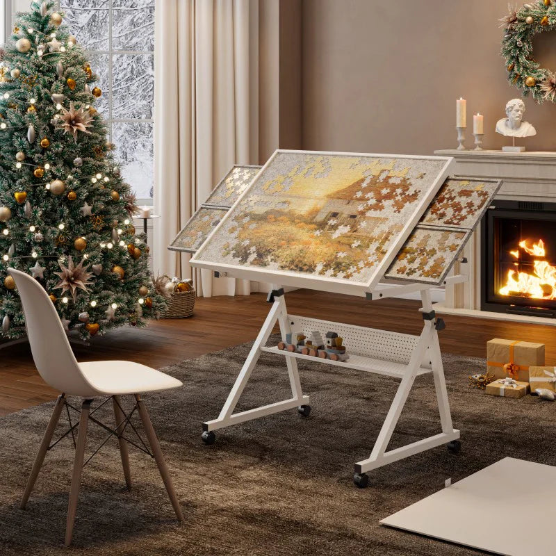 Livara Adjustable Jigsaw Puzzle Table - Family Fun, Metal Base, 4 Storage Trays