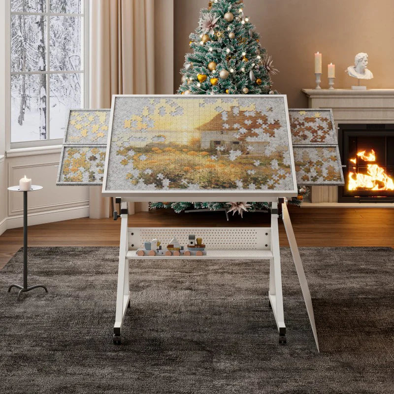 Livara Adjustable Jigsaw Puzzle Table - Family Fun, Metal Base, 4 Storage Trays