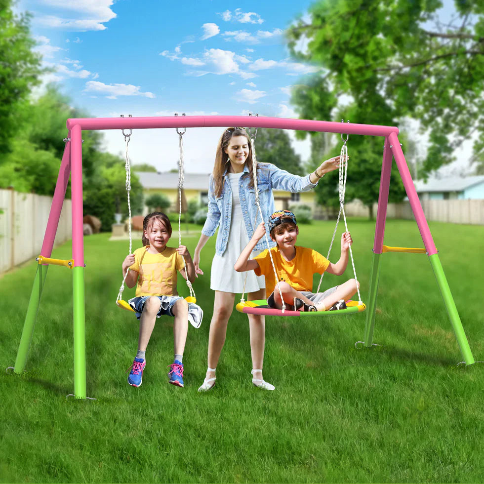 Livara Heavy-Duty Metal Double Swing Set - Backyard Fun, A-Frame Stand, 200kg Capacity