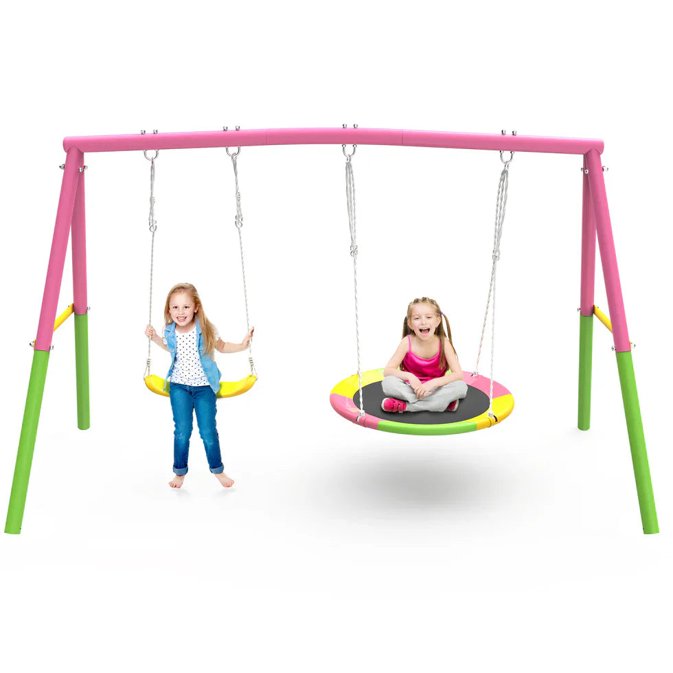 Livara Heavy-Duty Metal Double Swing Set - Backyard Fun, A-Frame Stand, 200kg Capacity