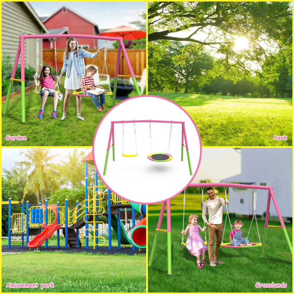 Livara Heavy-Duty Metal Double Swing Set - Backyard Fun, A-Frame Stand, 200kg Capacity