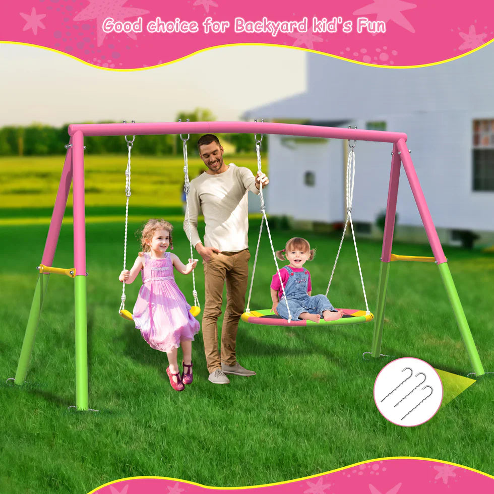 Livara Heavy-Duty Metal Double Swing Set - Backyard Fun, A-Frame Stand, 200kg Capacity