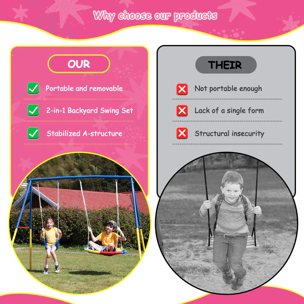 Livara Heavy-Duty Metal Double Swing Set - Backyard Fun, A-Frame Stand, 200kg Capacity