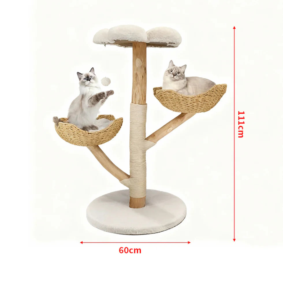 Livara Natural Wood Cat Tree Tower - Pet Comfort, Sisal Scratching Post, Plush Platforms