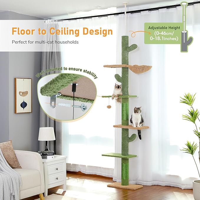Livara Adjustable Floor-to-Ceiling Cat Tree Tower - Pet Comfort, Tension Rod Mount