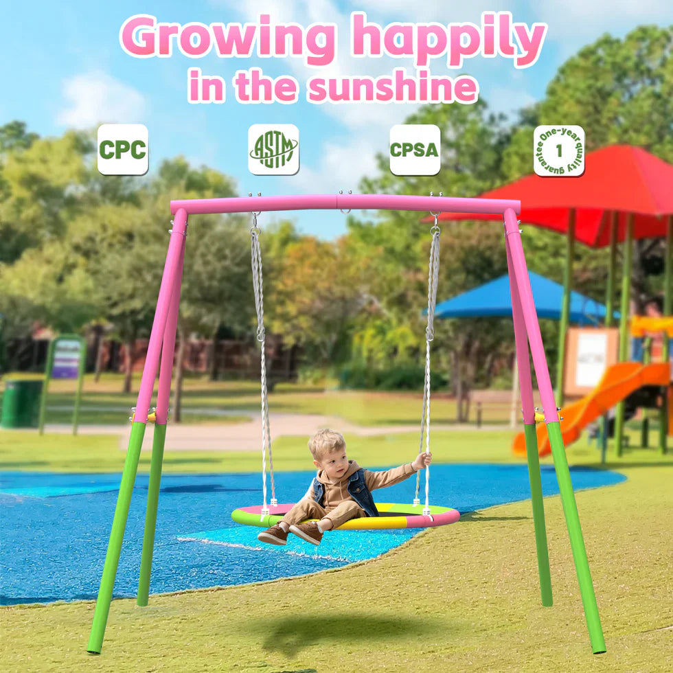 Livara Heavy-Duty Metal Saucer Swing Set - Backyard Fun, A-Frame Stand, Rust-Resistant Finish