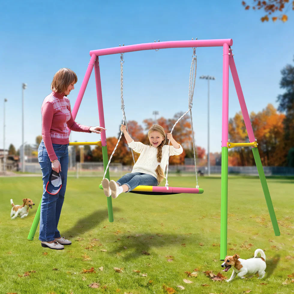 Livara Heavy-Duty Metal Saucer Swing Set - Backyard Fun, A-Frame Stand, Rust-Resistant Finish