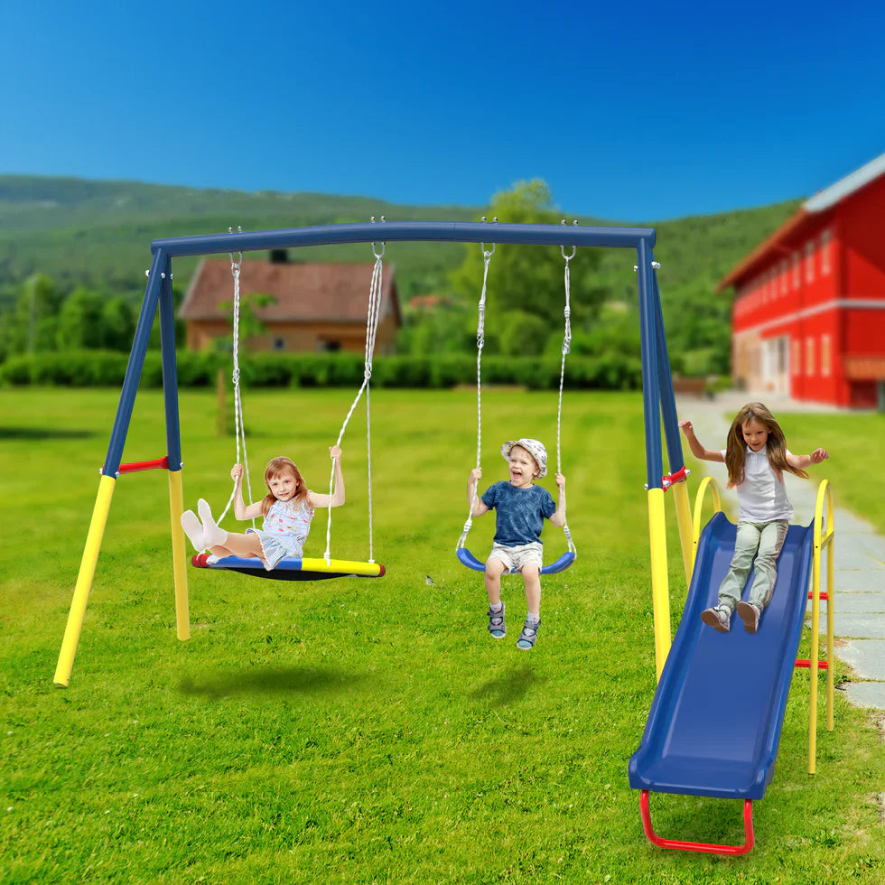 Livara Heavy-Duty Metal Outdoor Playground - Backyard Fun, Swing Set, Water Slide