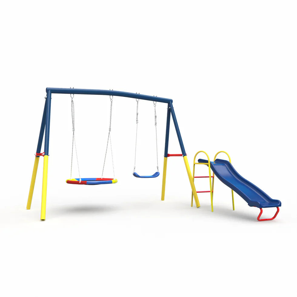 Livara Heavy-Duty Metal Outdoor Playground - Backyard Fun, Swing Set, Water Slide