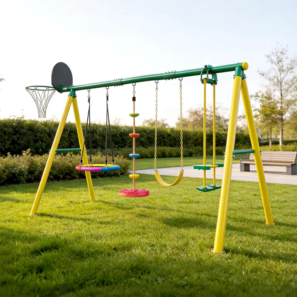 Livara Galvanised Steel Outdoor Playground - Backyard Fun, Swing & Basketball, Climbing Rope