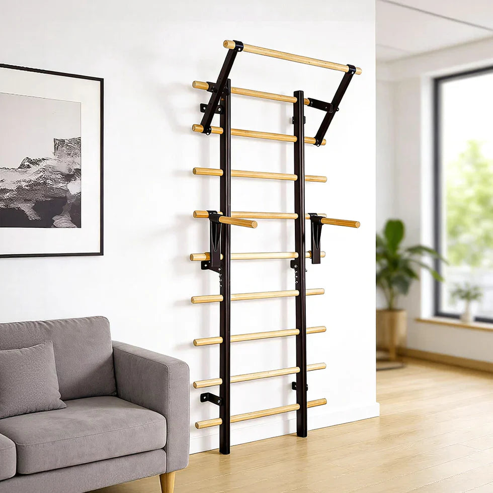 Livara Beechwood Wall-Bar Pull-Up Station - Strength Training, Steel Frame, Wood Handles