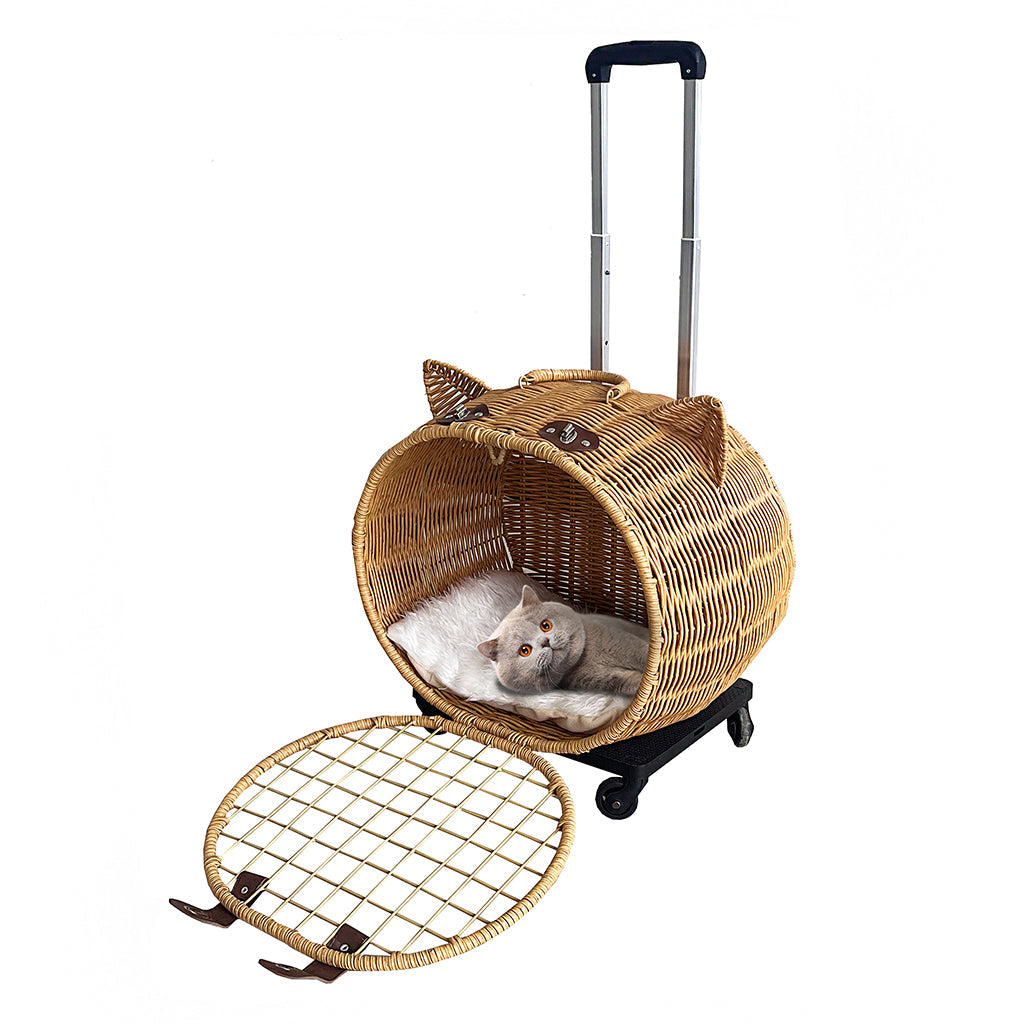 Livara Wicker Cat Carrier Trolley - Travel-Ready, Wheels, Extendable Handle