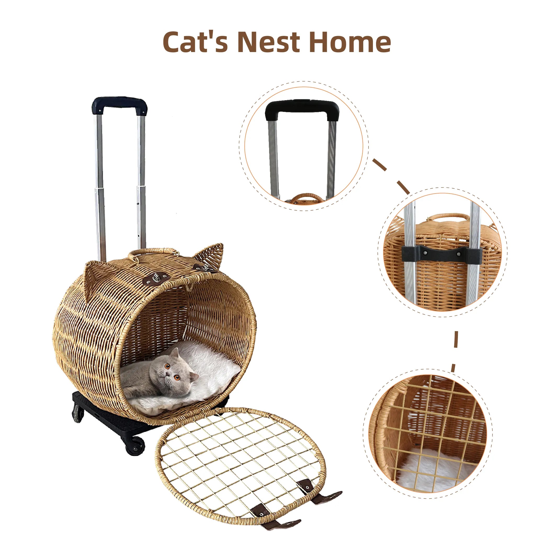 Livara Wicker Cat Carrier Trolley - Travel-Ready, Wheels, Extendable Handle