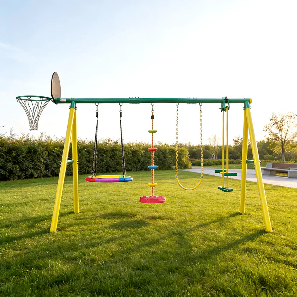 Livara Galvanised Steel Outdoor Playground - Backyard Fun, Swing & Basketball, Climbing Rope