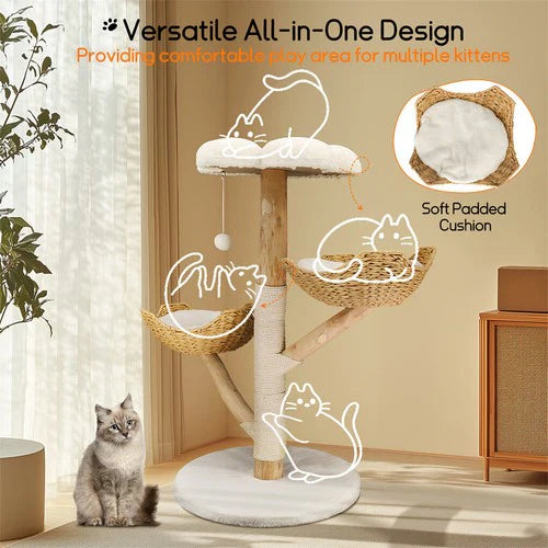 Livara Natural Wood Cat Tree Tower - Pet Comfort, Sisal Scratching Post, Plush Platforms