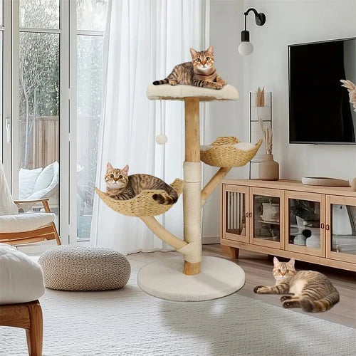 Livara Natural Wood Cat Tree Tower - Pet Comfort, Sisal Scratching Post, Plush Platforms