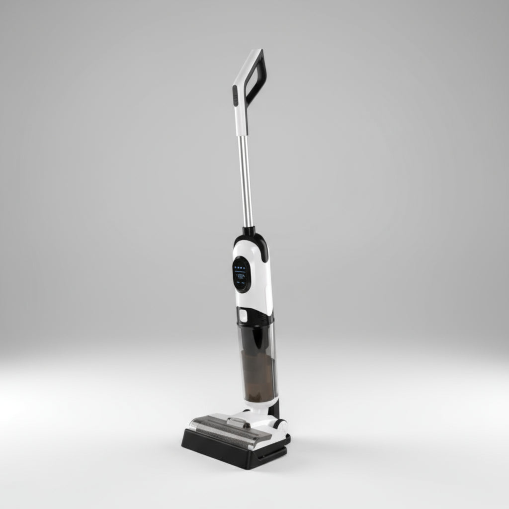 White and black vacuum cleaner on a white background