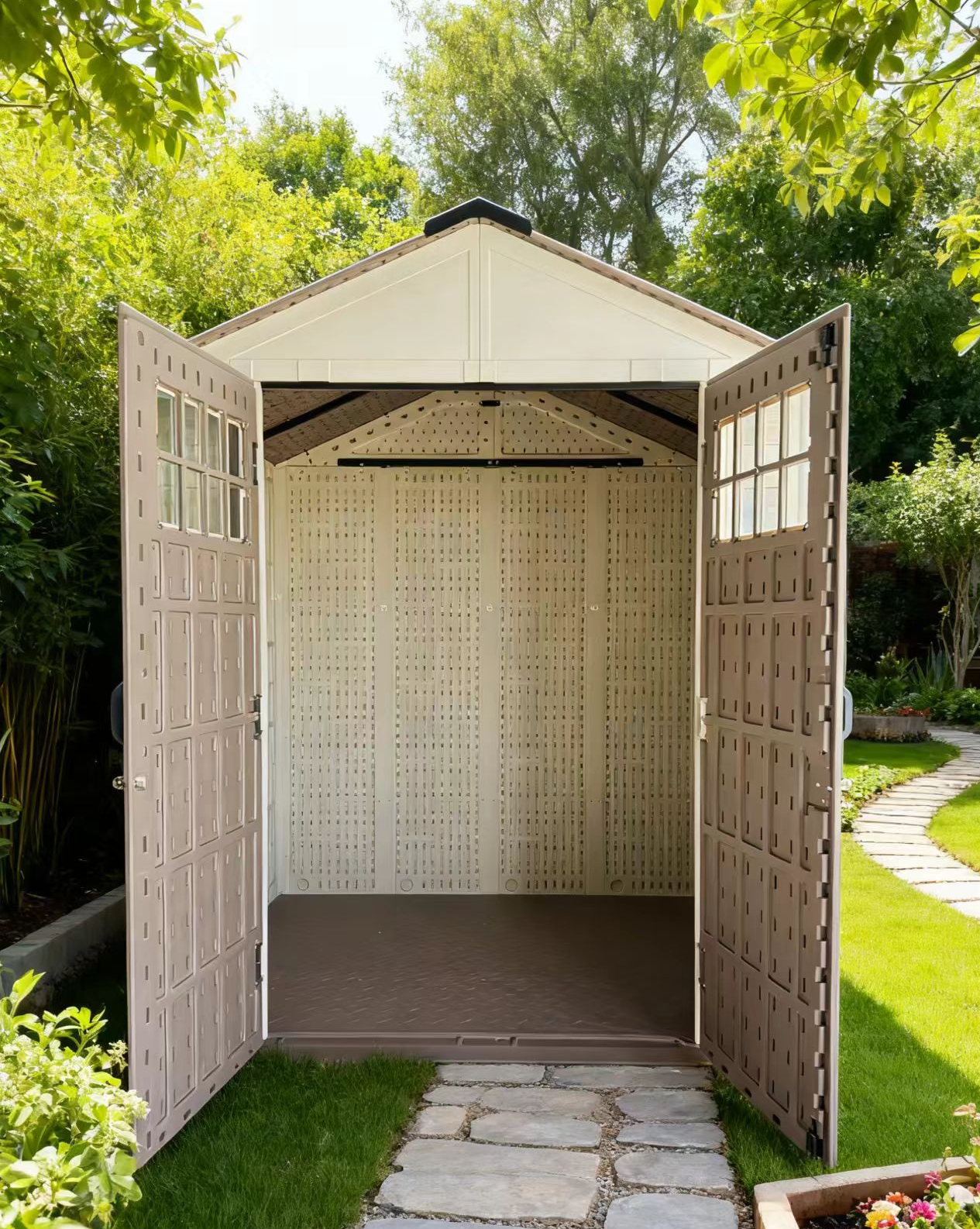 Livara Steel-Reinforced HDPE Garden Shed - All-Weather Use, Gable Roof, Double Doors