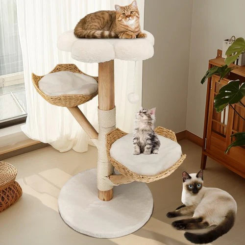 Livara Natural Wood Cat Tree Tower - Pet Comfort, Sisal Scratching Post, Plush Platforms