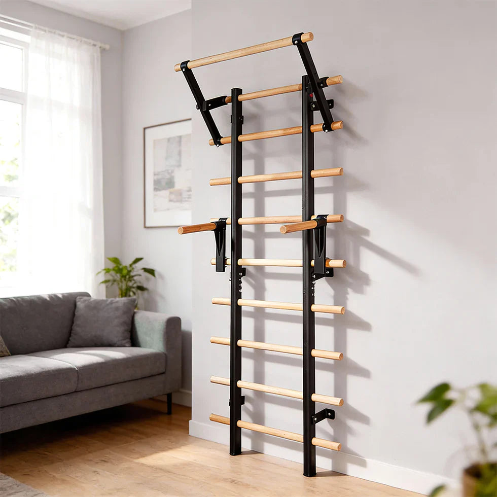 Livara Beechwood Wall-Bar Pull-Up Station - Strength Training, Steel Frame, Wood Handles