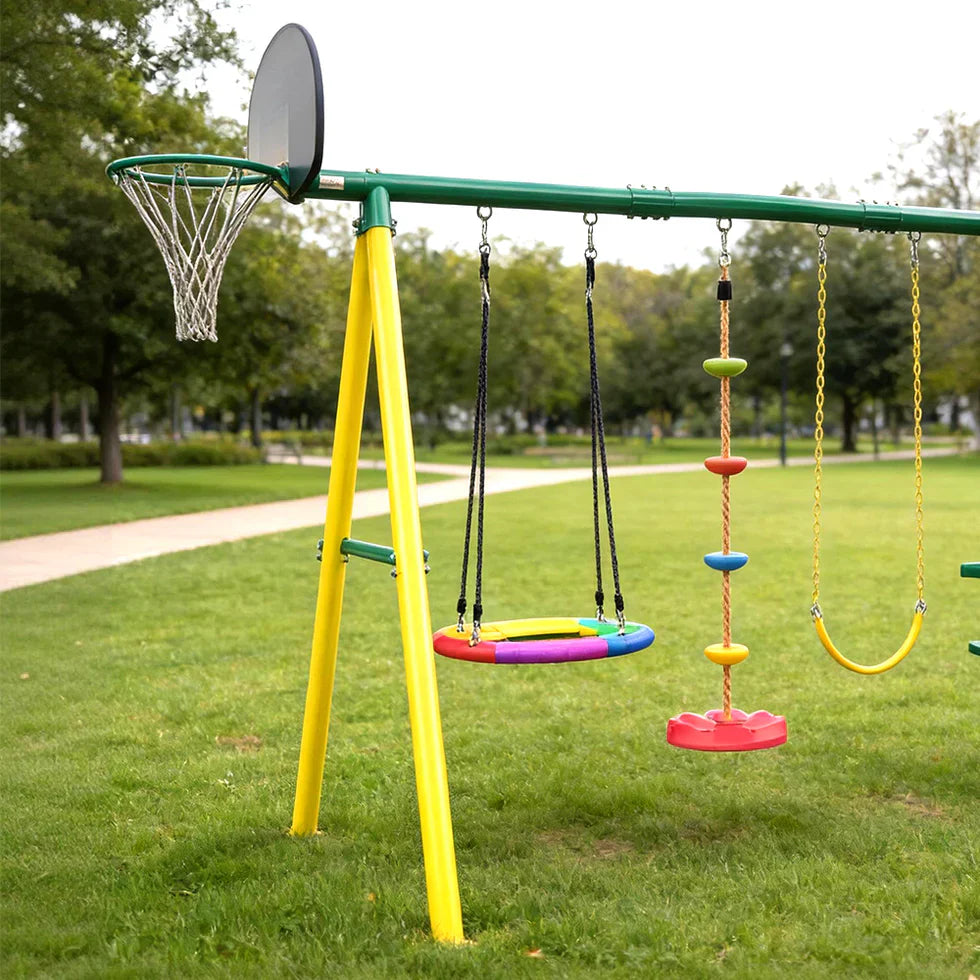 Livara Galvanised Steel Outdoor Playground - Backyard Fun, Swing & Basketball, Climbing Rope