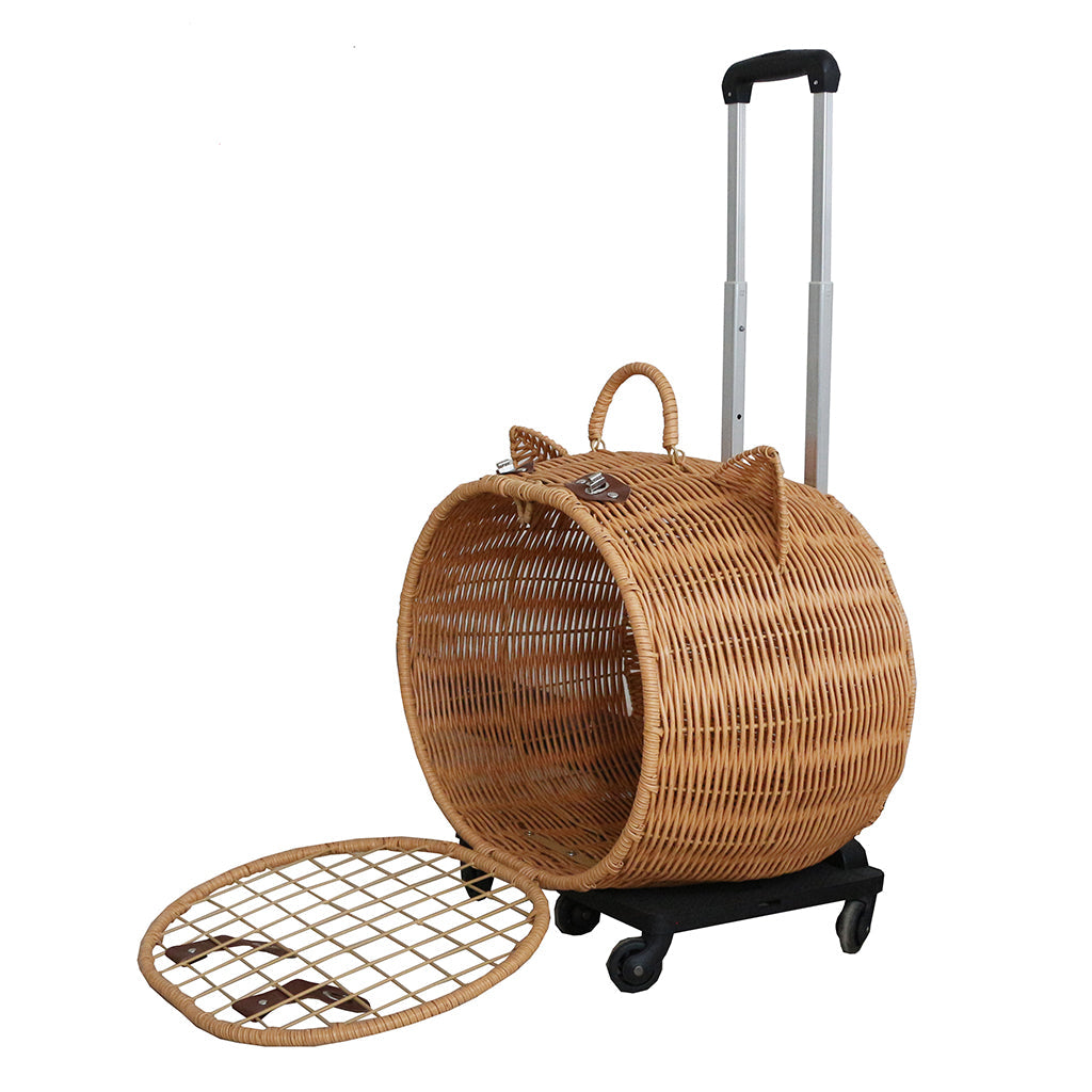 Livara Wicker Cat Carrier Trolley - Travel-Ready, Wheels, Extendable Handle