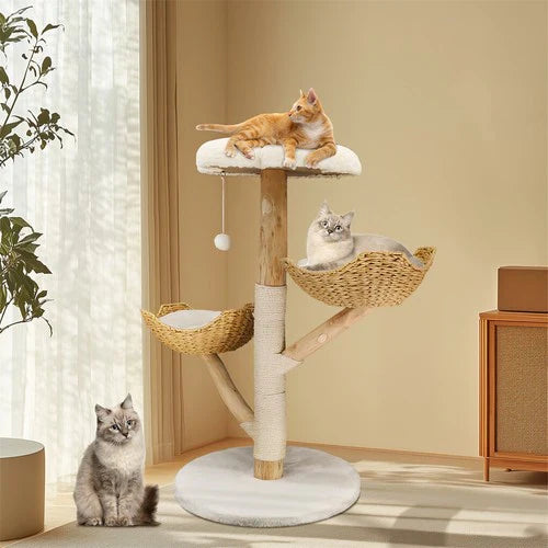 Livara Natural Wood Cat Tree Tower - Pet Comfort, Sisal Scratching Post, Plush Platforms
