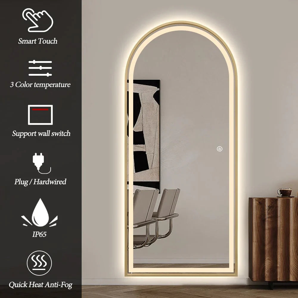 Livara Arched LED Aluminium Full-Length Mirror - Bedroom & Hallway, Gold Frame, Dimmable Lighting