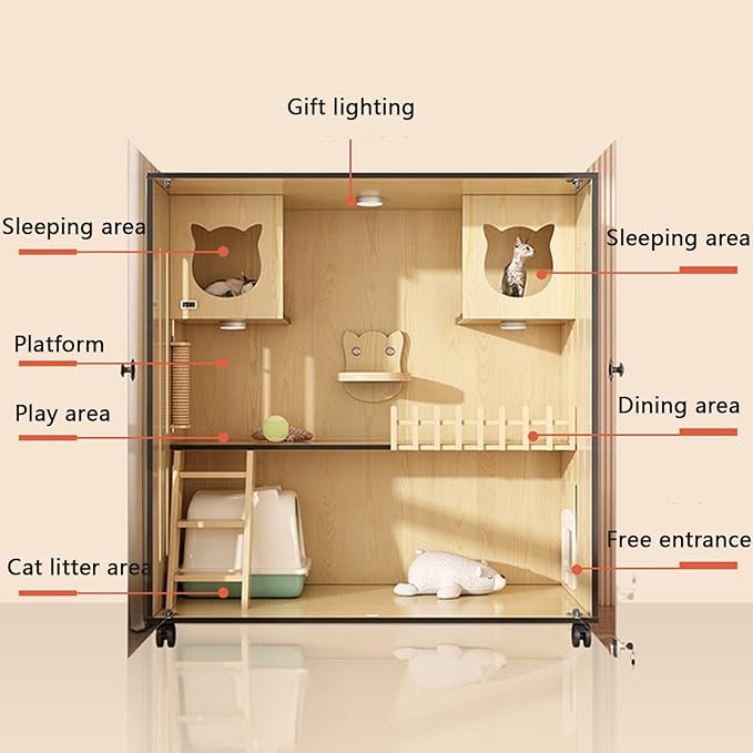 Livara Wooden Cat Pet Enclosure - Pet Comfort, Tempered Glass Doors, Walnut Finish