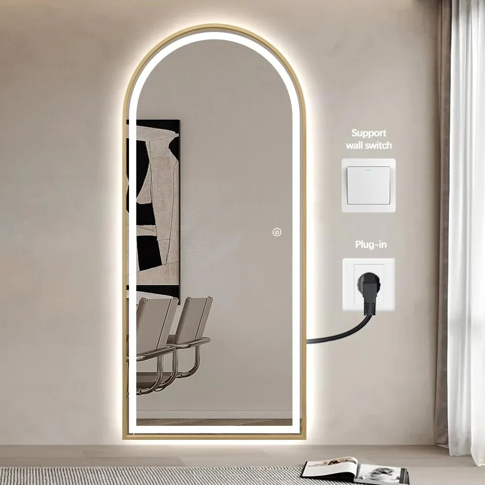 Livara Arched LED Aluminium Full-Length Mirror - Bedroom & Hallway, Gold Frame, Dimmable Lighting