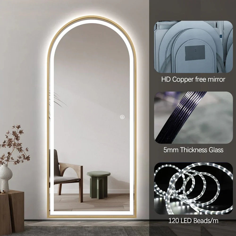 Livara Arched LED Aluminium Full-Length Mirror - Bedroom & Hallway, Gold Frame, Dimmable Lighting
