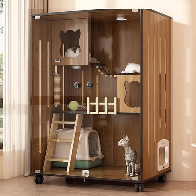 Livara Wooden Cat Pet Enclosure - Pet Comfort, Tempered Glass Doors, Walnut Finish