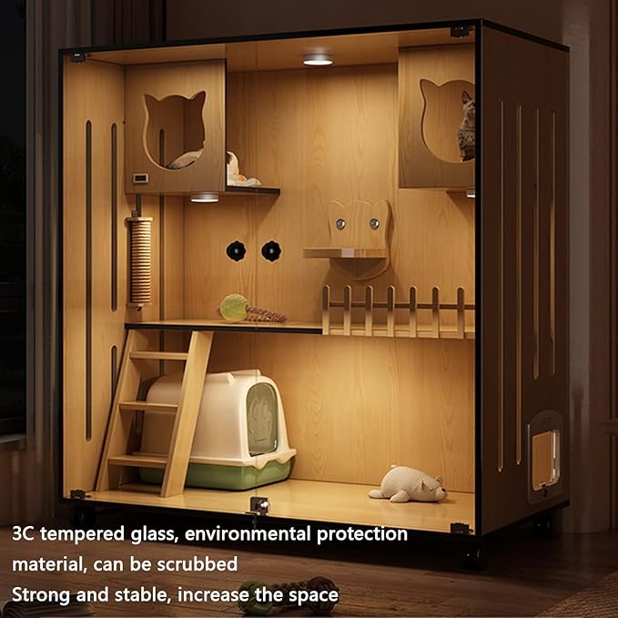 Livara Wooden Cat Pet Enclosure - Pet Comfort, Tempered Glass Doors, Walnut Finish