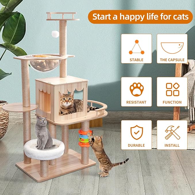 Livara Wooden Multi-Level Cat Tree Tower - Pet Comfort, Plush Textures, Scratching Posts