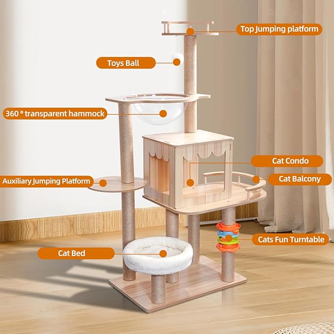 Livara Wooden Multi-Level Cat Tree Tower - Pet Comfort, Plush Textures, Scratching Posts