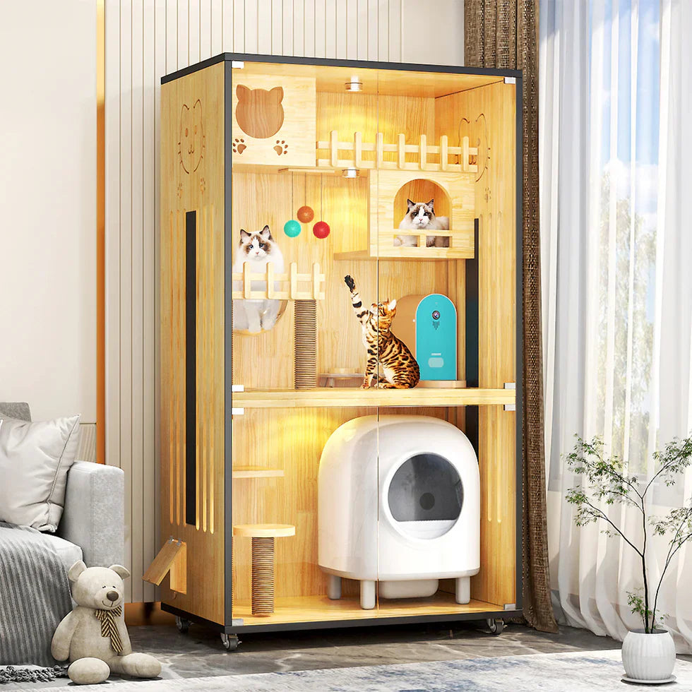 Livara Multi-Level Glass Door Cat Cabinet - Pet Comfort, LED Lights