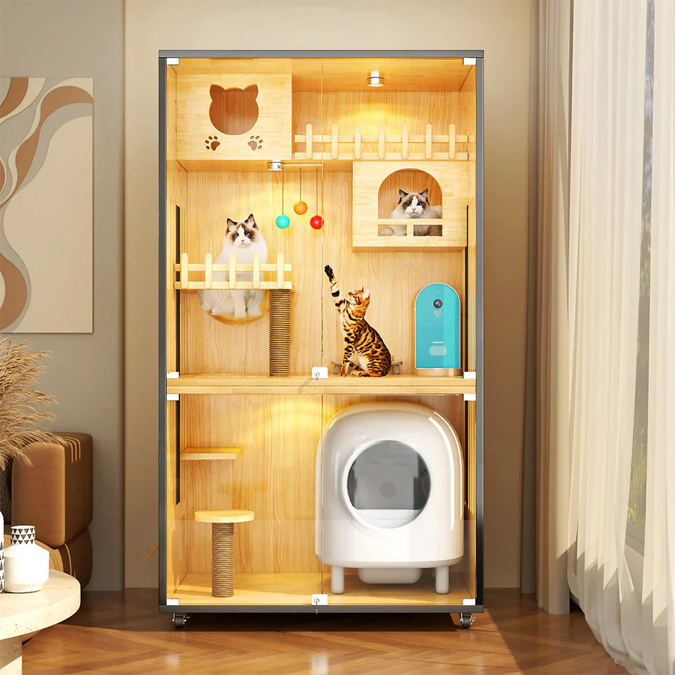 Livara Multi-Level Glass Door Cat Cabinet - Pet Comfort, LED Lights