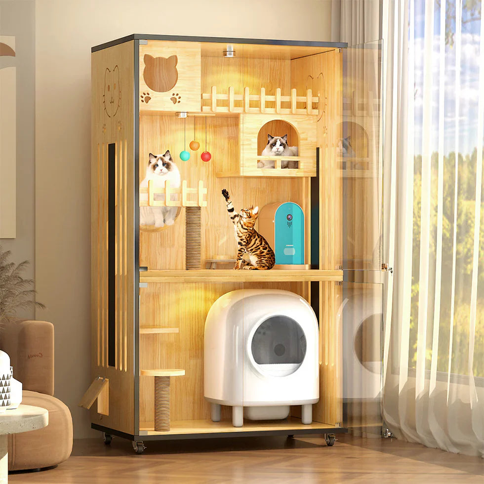 Livara Multi-Level Glass Door Cat Cabinet - Pet Comfort, LED Lights