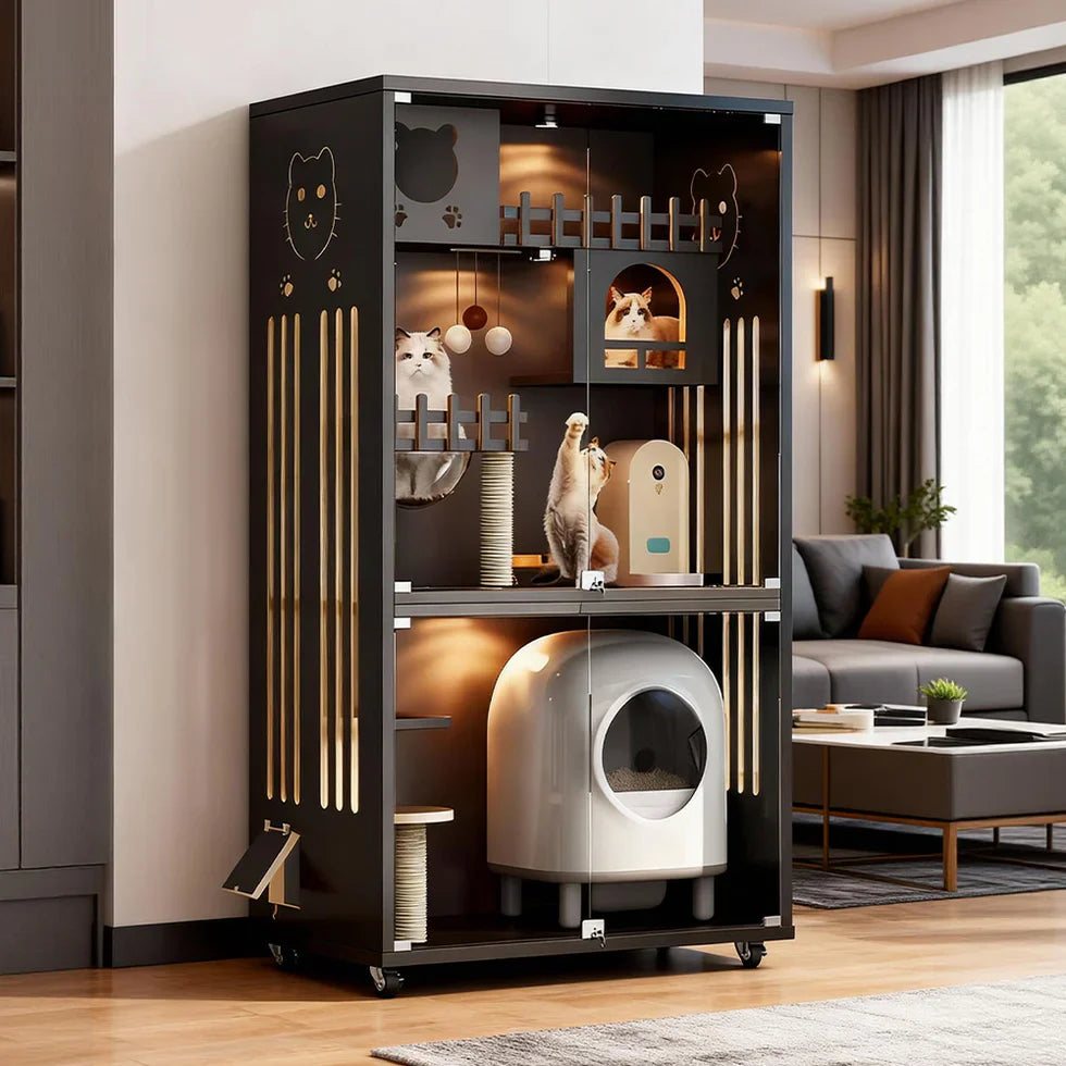 Livara Multi-Level Glass Door Cat Cabinet - Pet Comfort, LED Lights