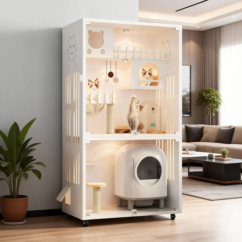 Livara Multi-Level Glass Door Cat Cabinet - Pet Comfort, LED Lights