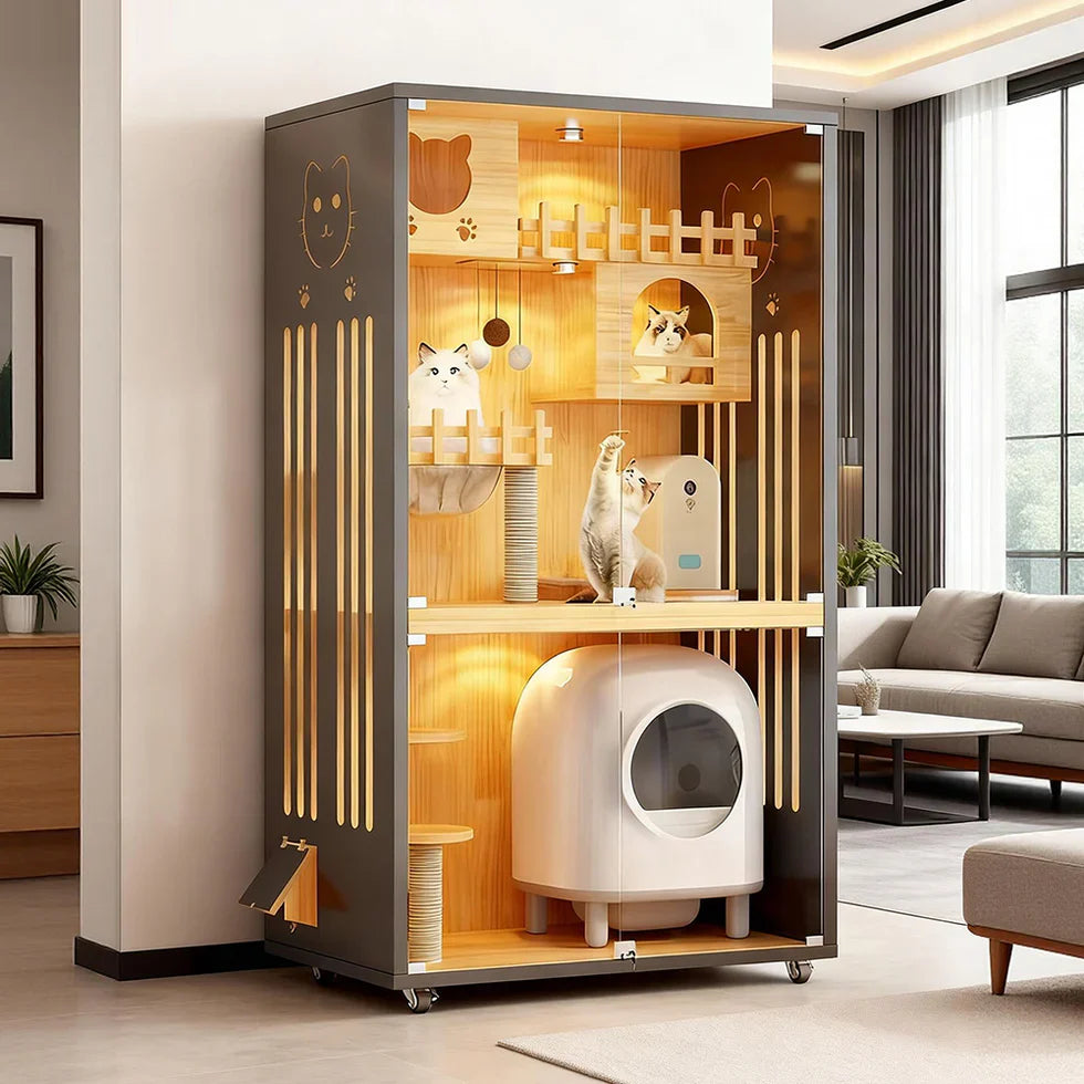 Livara Multi-Level Glass Door Cat Cabinet - Pet Comfort, LED Lights