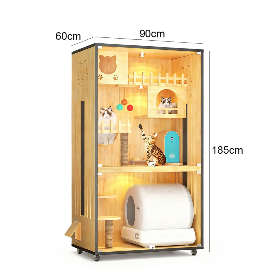 Livara Multi-Level Glass Door Cat Cabinet - Pet Comfort, LED Lights