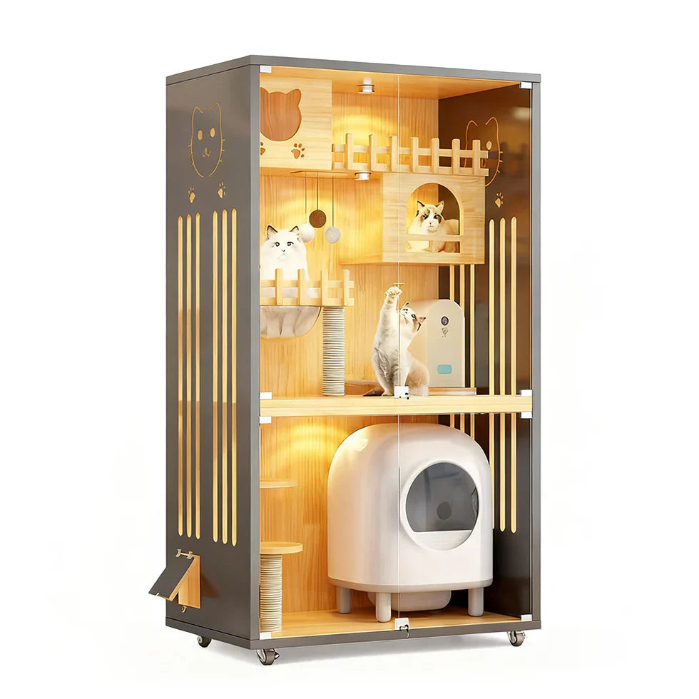 Livara Multi-Level Glass Door Cat Cabinet - Pet Comfort, LED Lights