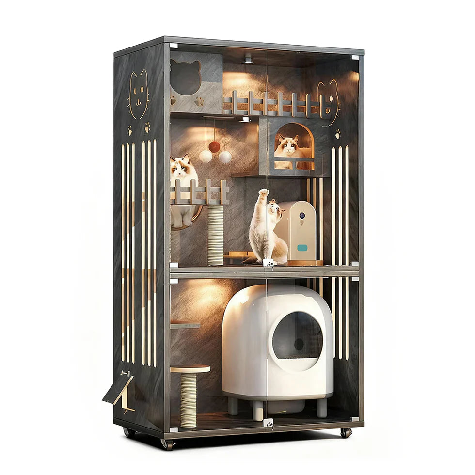 Livara Multi-Level Glass Door Cat Cabinet - Pet Comfort, LED Lights
